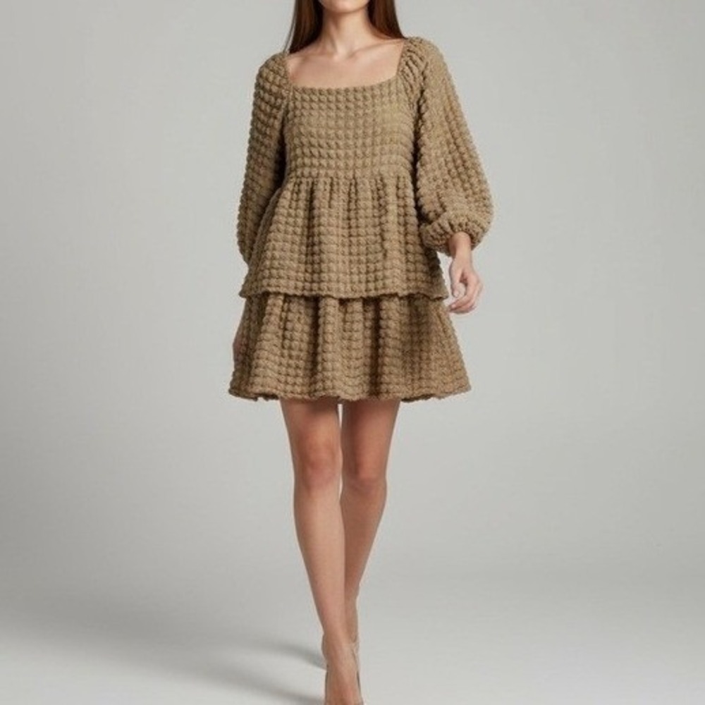 NWT‎ Simply Southern Tan Bubble Popcorn Layered Tiered Mini Dress XL Long Sleeve